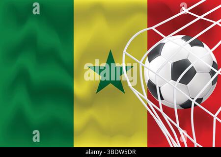 Editable 3D Senegal flag with football and net. Perfect for sports posts, match day promos, World Cup graphics. Ideal for banners and ads. Stock Vector