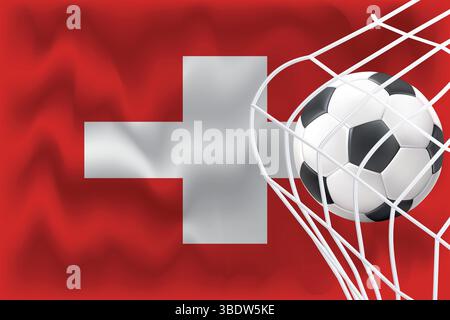 Editable 3D Switzerland flag with football and net. Perfect for sports posts, match day promos, World Cup graphics. Ideal for banners and ads. Stock Vector