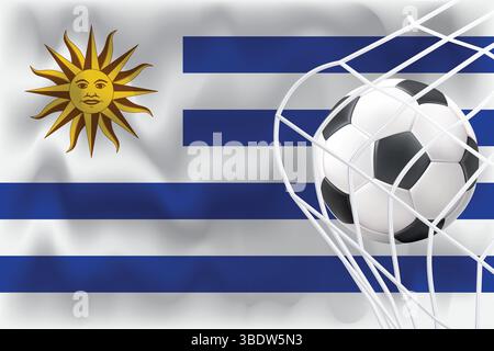 Editable 3D Uruguay flag with football and net. Perfect for sports posts, match day promos, World Cup graphics. Ideal for banners and ads. Stock Vector