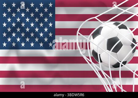 Editable 3D United States of America flag with football and net. Perfect for sports posts, match day promos, World Cup graphics. Stock Vector