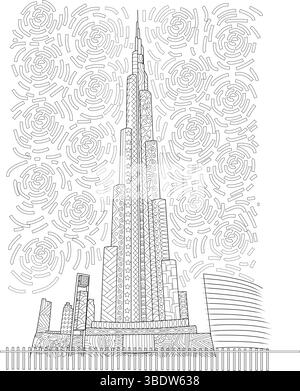 Detailed line art illustration of the iconic Burj Khalifa in Dubai, United Arab Emirates, featuring intricate patterns and designs. Ideal for coloring Stock Vector