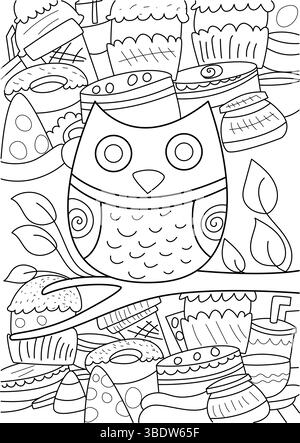 Black and white doodle style illustration of a cute owl perched on a branch surrounded by various sweet treats like cupcakes, cakes, and donuts. Desig Stock Vector