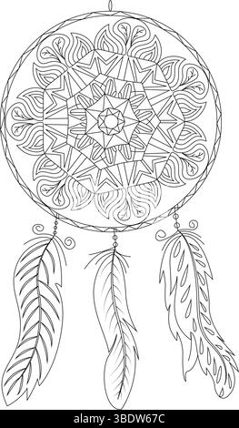 Detailed black and white outline drawing of a dreamcatcher with intricate mandala-like patterns in the web and three hanging feathers, ideal for color Stock Vector