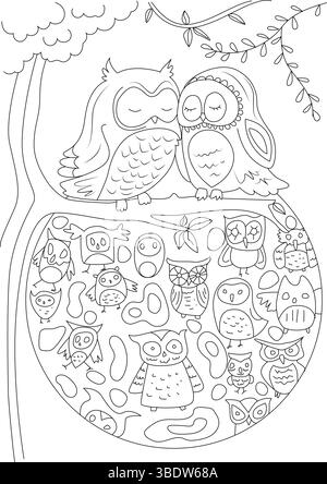 Black and white line art illustration featuring a variety of cute doodle style owls sitting on a branch and gathered below. Ideal for coloring pages, Stock Vector