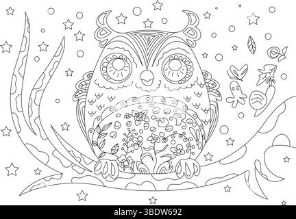 Detailed black and white line art illustration of a cute doodle owl perched on a branch under a starry sky. Featuring intricate patterns on the owl an Stock Vector