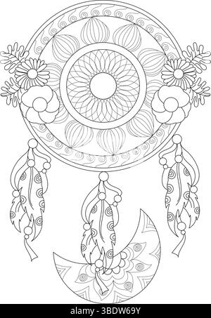 Detailed black and white line art illustration of a dreamcatcher featuring feathers, beads, flowers, a crescent moon, and intricate patterns in a mand Stock Vector
