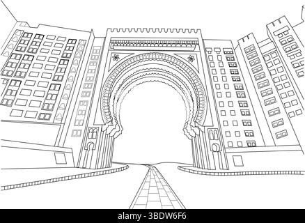 Black and white line drawing of the iconic Ibn Battuta Gate landmark in Dubai, United Arab Emirates. Features the grand arched entrance and surroundin Stock Vector