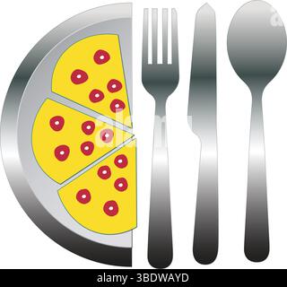 Pizza and Cutlery Vector – Bright Food Illustration with Fork, Knife, and Spoon Stock Vector