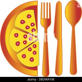 Pizza and Cutlery Vector – Bright Food Illustration with Fork, Knife, and Spoon Stock Vector