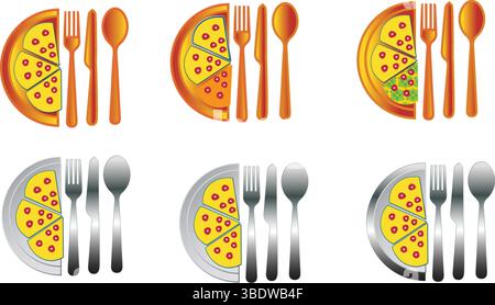 Pizza and Cutlery Vector – Bright Food Illustration with Fork, Knife, and Spoon Stock Vector