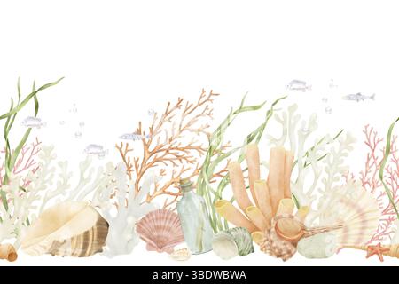 Corals and ocean shells, a glass bottle with a note in a thicket of algae, a watercolor illustration. A flock of fish on a seamless pattern, isolated Stock Photo