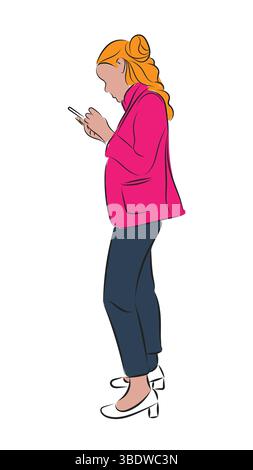 Line Drawing Sketch faceless Business Woman Using Smartphone concept connection online Stock Vector