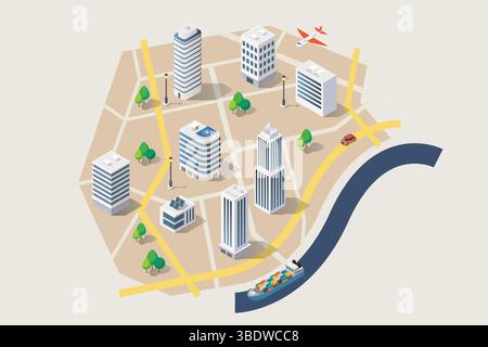 Isometric Map with Road and Street Infographic Design Template. Vector illustration Stock Vector