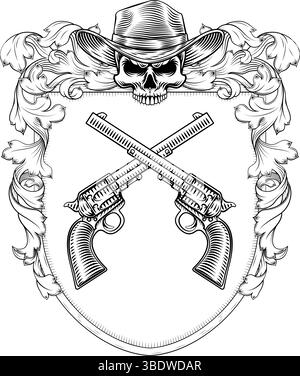 Cowboy Skull Guns Crest Coat of Arms Shield Design Stock Vector