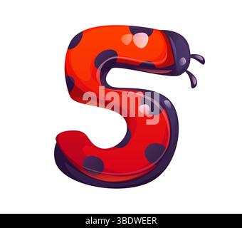 Ladybug beetle cartoon font digit 5 five. Garden lady bug kids ABC type numeral symbol, ladybird vector math font figure. Spring insect cartoon mathematics typeface number or alphabet typeface digit Stock Vector