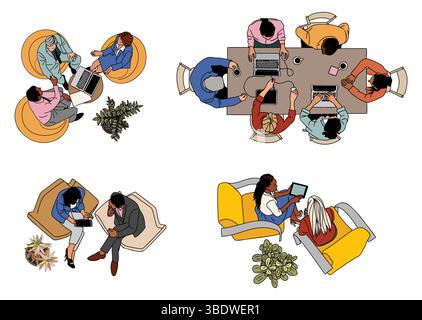 Flat vector set of business scenes top view. Stock Vector