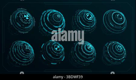 HUD futuristic circular screen panels and control bars in sphere shapes, vector dashboard interface. HUD elements and Sci Fi UI design for game with virtual circular spherical panels of navigation Stock Vector