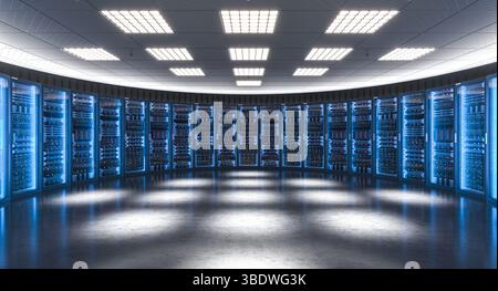 Server room hosting big data with futuristic hardware equipment 3d Stock Photo