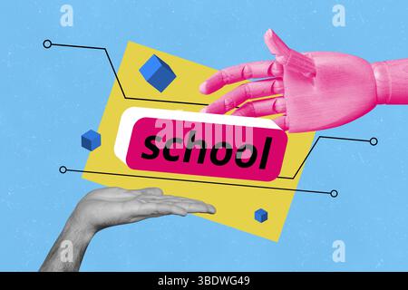 Full photo image zine collage of robotic hand human arm show digital school elearn artificial intelligence education modern app Stock Photo
