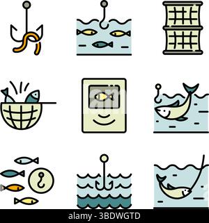 Various fishing related icons set. Fishing Vector Color Icons. Catch seafood symbols. Vector Illustration. Isolated on White Background. Stock Vector