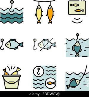 Various fishing related icons set. Fishing Vector Color Icons. Catch seafood symbols. Vector Illustration. Isolated on White Background. Stock Vector