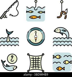Various fishing related icon. Fishing Vector Line Icon. Catch seafood ...