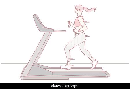 A woman is engaged in her exercise routine, running on a treadmill and using hand weights to enhance her workout Stock Vector
