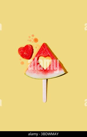 Abstract summer fruit background. Fresh watermelon slice on yellow Stock Photo