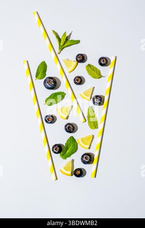Abstract blueberry, lemon slices drink concept with ice cubes and mint Stock Photo