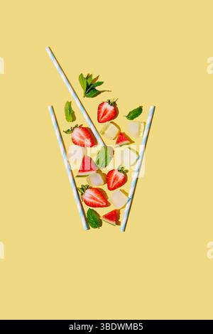 Abstract strawberry, watermelon juice with ice cubes and mint Stock Photo