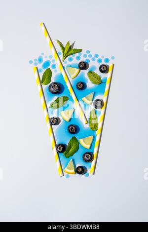 Abstract blueberry, lemon slices drink concept with ice cubes and mint Stock Photo