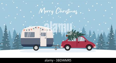 camping adventure car with caravan in snowy winter landscape vector illustration Stock Vector