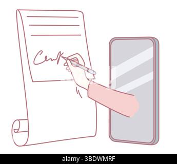 Illustration depicting the process of digitally signing a document with a smartphone, highlighting modern technology Stock Vector