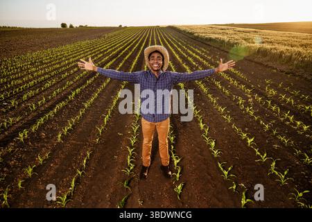 African-american farmer is standing in his growing corn field with arms outstretched. He is satisfied with progress of plants. Stock Photo