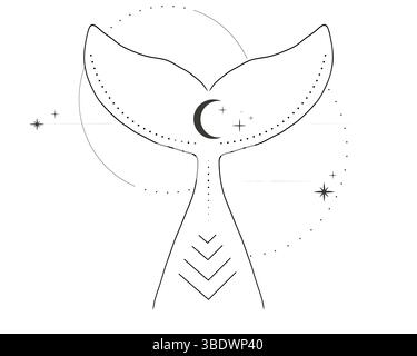 Whale tail with water splash circles stars and moon line sketch minimal geometric tattoo. Mermaid or ocean mammal with waves vintage. Vector illustration Stock Vector