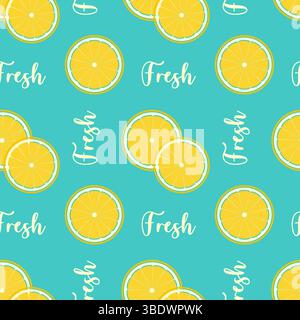 Seamless pattern with lettering Fresh and slices of citrus halves on bright blue background, slices of lemon and orange. Packaging, wallpaper, backdrop, background. Vector illustration Stock Vector