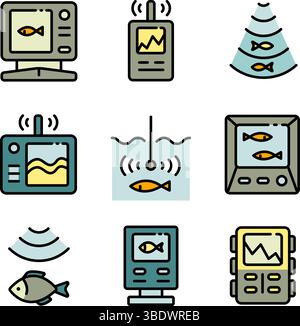 Fishing echo sounder color icons set. Fish finder simple signs collection. Fishers equipment. Way to find fish. Efficient fishing. Vector illustration Stock Vector
