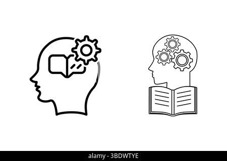 Learning mindset outline icon set. Human head, gear, speech bubble and open book icons for education. Stock Vector