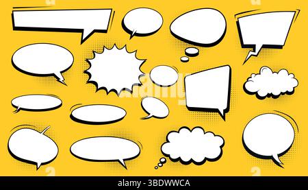 Retro empty comic bubbles and elements set with black halftone shadows ...