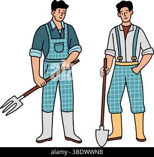 Men Farmer with garden tools Shovel and pitchfork. Male Gardeners in overalls and rain boots set. Isolated Color Hand Drawing. Vector illustration Stock Vector