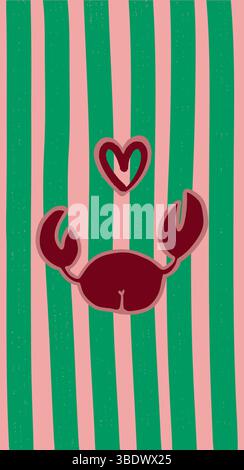 Abstract illustration of a funny red crab on a striped blue green design, creating a modern marine-inspired aesthetic Stock Vector