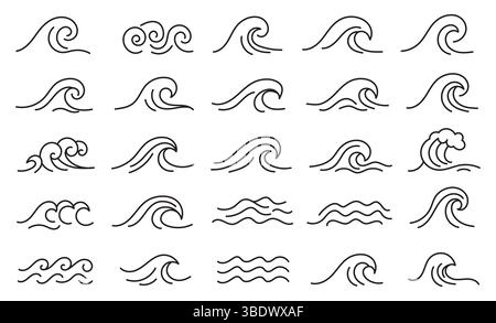 set of linear icons with symbols of water, river and sea. Stock Vector