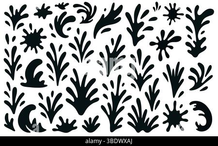 Silhouettes Of Black Splashes With Droplets. Water Drop Shapes, Liquid Burst Splashes, Ink Blots With Drops Elements Set. Stock Vector
