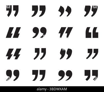 A collection of different styles of black quotation marks, showcasing diverse typographic designs. Vector illustration Stock Vector