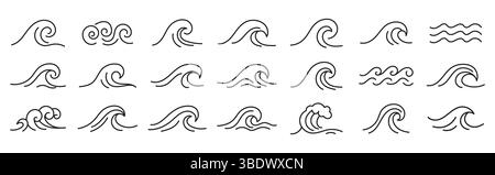 set of linear icons with symbols of water, river and sea. Stock Vector