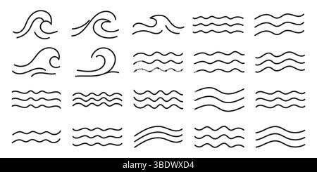 set of linear icons with symbols of water, river and sea. Stock Vector