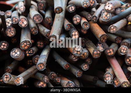 A bunch of old copper cables in a plastic sheath. Front view. Stock Photo