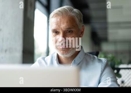 Mature 40s focused businessman, executive director working using laptop, doing data base online research sitting at office. Successful business man, l Stock Photo