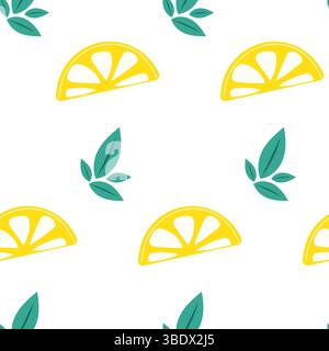 Seamless pattern with lemon slice and green leafs. Stock Vector