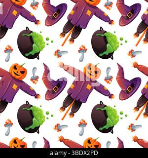 Seamless Halloween pattern with pumpkin, scarecrow, witch hat, boiling cauldrons and fly agaric mushroom in cartoon style on white background. Perfect Stock Vector
